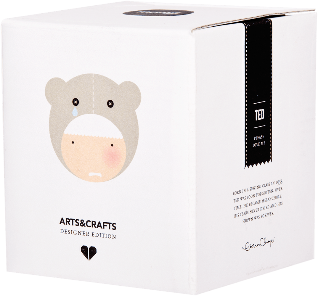 White box with a cute bear face cartoon, "ARTS & CRAFTS DESIGNER EDITION," and Momiji doll character name Ted. — Momiji Doll