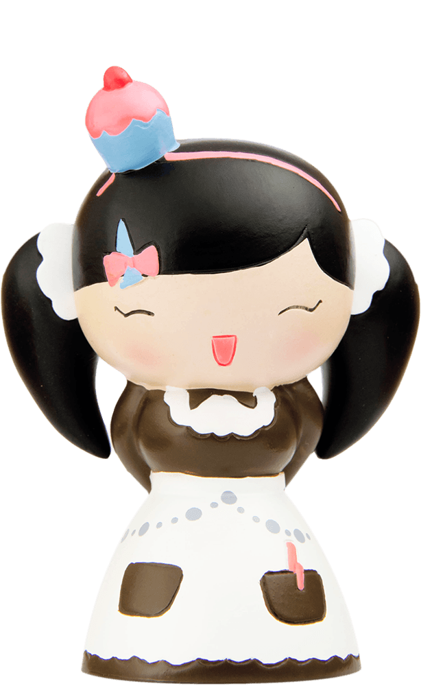 Chiyo Momiji doll wears a maid outfit, cupcake hat, and big smile; kawaii collectible hiding a secret message inside. — Momiji Doll