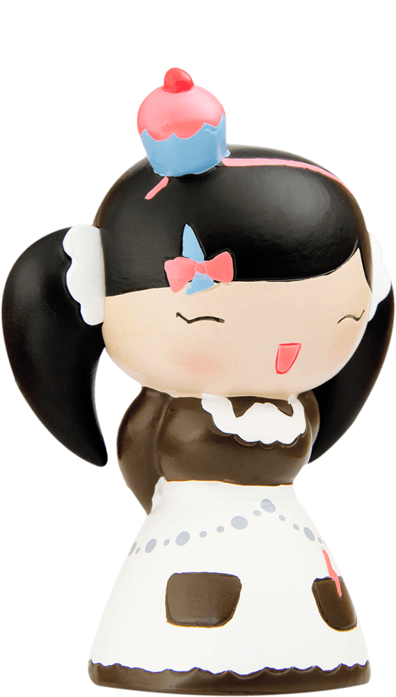 Chiyo Momiji doll with pigtails, a maid dress, smiling brightly, and a cute cupcake hat. Collectible, kawaii and cheerful. — Momiji Doll