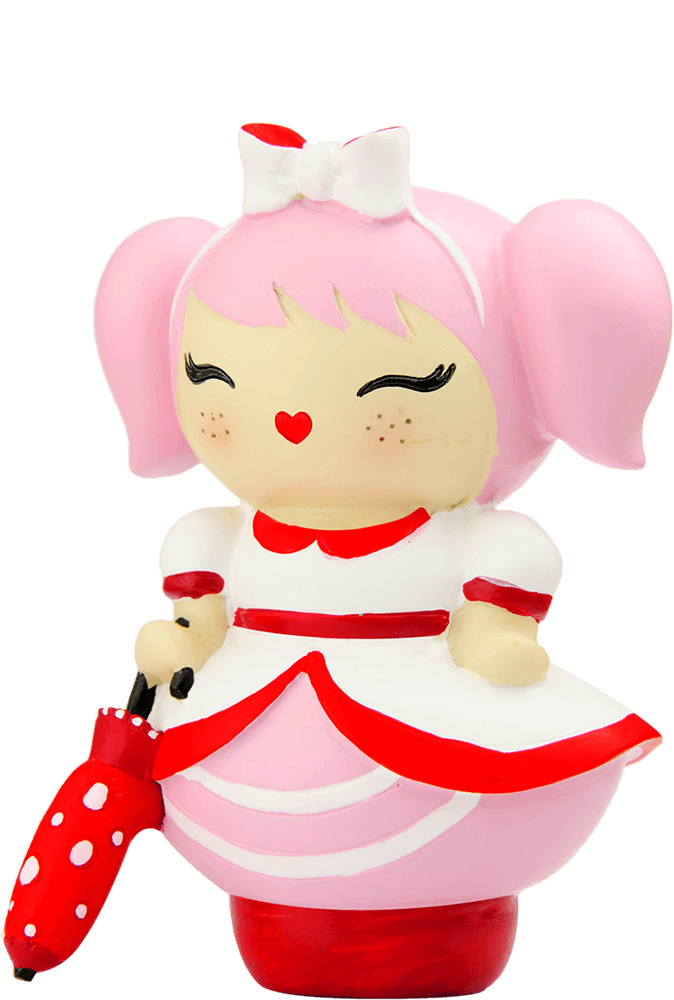 Bonnie Momiji doll with pink hair, white and red dress, closed eyes, smiling and holding a red polka-dot umbrella. — Momiji Doll