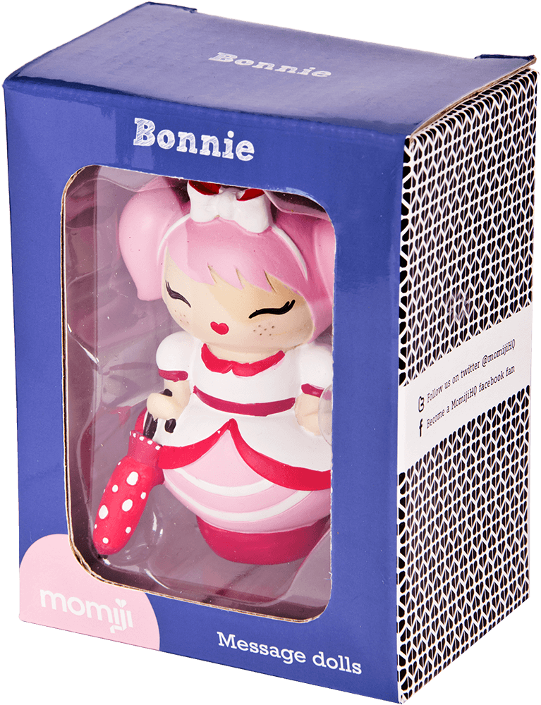 Bonnie Momiji doll in pink and white with a red polka-dot umbrella, hiding a secret message inside. Cute collectible character. — Momiji Doll