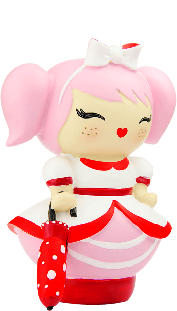 Bonnie Momiji doll with pink hair, white dress with red trim, and holding a red polka dot umbrella. Collectible and kawaii. — Momiji Doll