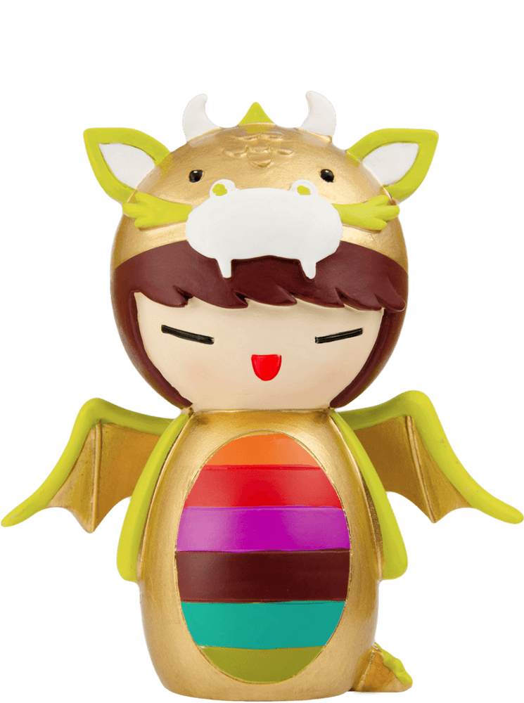 Marigold Momiji doll in a shiny gold dragon suit with rainbow stripes and tiny green wings, hiding a secret message inside. — Momiji Doll