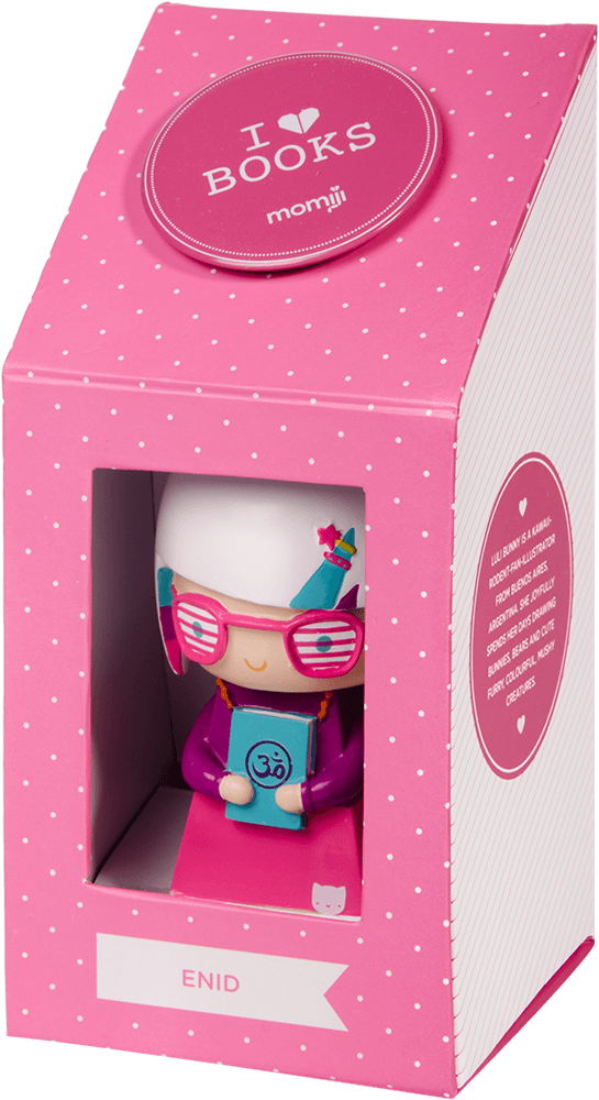 Enid Momiji doll with glasses and book is displayed in a pink box with "I ♥ BOOKS" on top. Kawaii collectible gift. — Momiji Doll