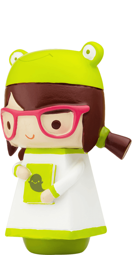 Phoebe Momiji doll in frog hat, glasses, holding a green book with cute black blob; kawaii collectible with secret message. — Momiji Doll