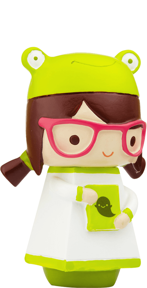 Phoebe Momiji doll with glasses, frog hat, brown pigtails, and a book showing a smiling frog. Secret message inside. — Momiji Doll