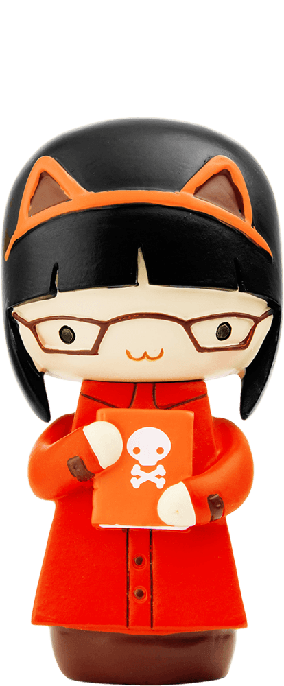 Clarice Momiji doll with glasses, cat ears, orange coat, holding a book with a skull icon. Kawaii collectible character. — Momiji Doll