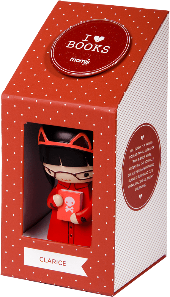 Red box with white polka dots features Clarice Momiji doll holding a book; cute collectible with hidden message inside. — Momiji Doll