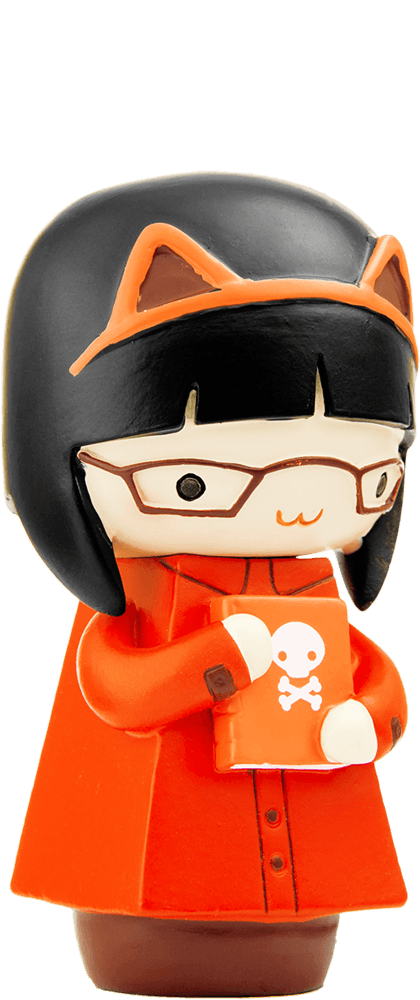 Clarice: a Momiji doll with black hair, glasses, cat ears, orange outfit, holding a red skull book. Secret message inside. — Momiji Doll