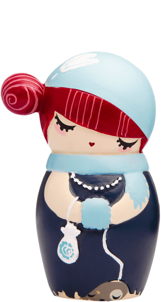 Billie D Momiji doll with red hair, blue hat and scarf, closed eyes, and a blue purse. Secret message inside. Kawaii collectible. — Momiji Doll