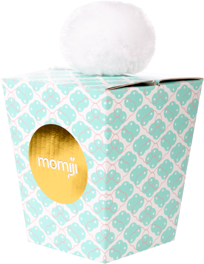 Pastel Anny O box with gold label, white pom-pom, and kawaii Anny O Momiji doll—perfect for gifting. — Momiji Doll