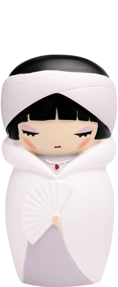 Louise B Momiji doll with short black hair, pale skin, white robe, red lips, and holding a white fan. — Momiji Doll