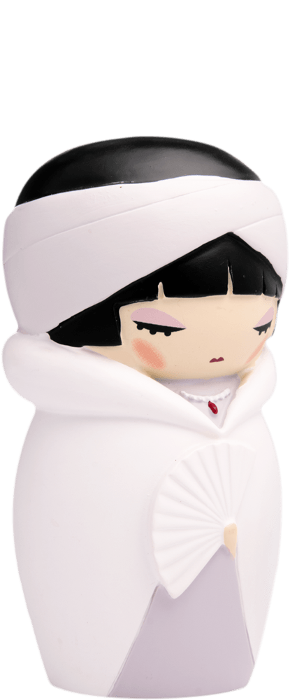 Louise B Momiji doll with black hair, white head wrap and robe, holding a white fan, shown on a plain background. — Momiji Doll