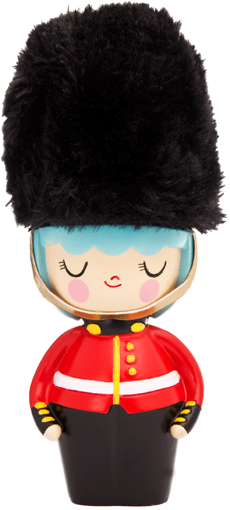 Lilibet Momiji doll wears a tall black guard hat, red uniform, and has a cute face inspired by British royal guards. — Momiji Doll