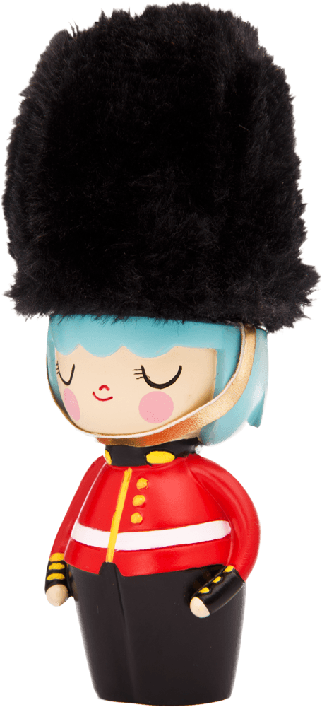 Lilibet Momiji doll as a British royal guard with blue hair, tall black hat, and red uniform. Kawaii collectible character. — Momiji Doll