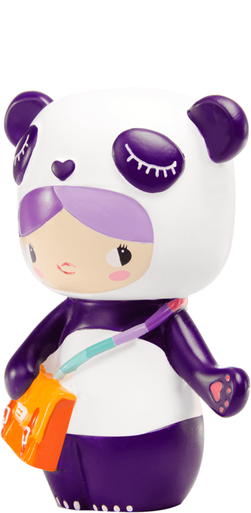 BFF Buddy Momiji doll in a panda hoodie, with purple hair, purple accents, and an orange bag; cute collectible character. — Momiji Doll