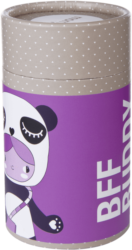 Momiji doll character "BFF Buddy" with a kawaii panda on a purple cylindrical box, inspired by Tokyo and Seoul street style. — Momiji Doll