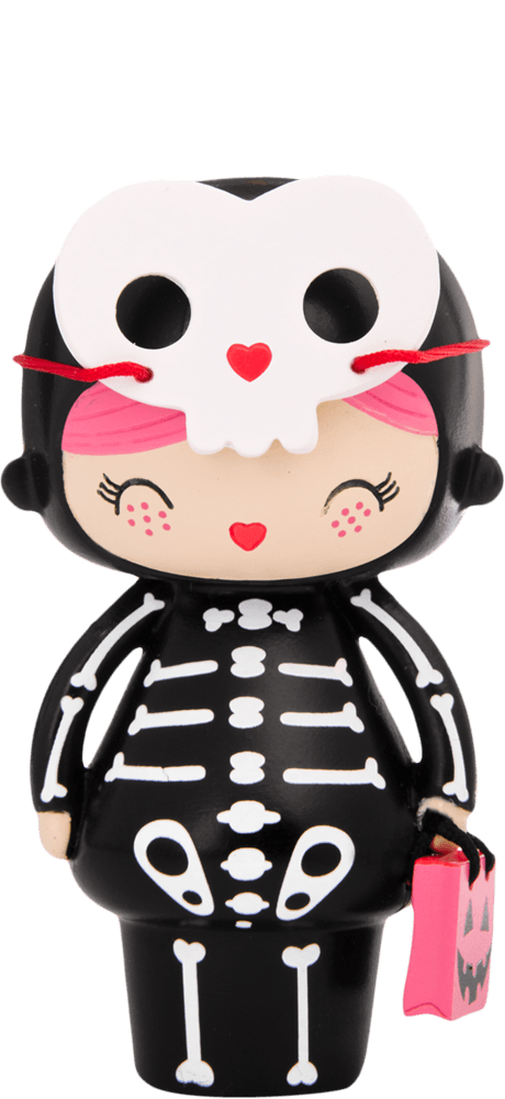 Spookie Momiji doll wears a cute black skeleton suit with pink accents and holds a small pink bag; perfect for collectors. — Momiji Doll