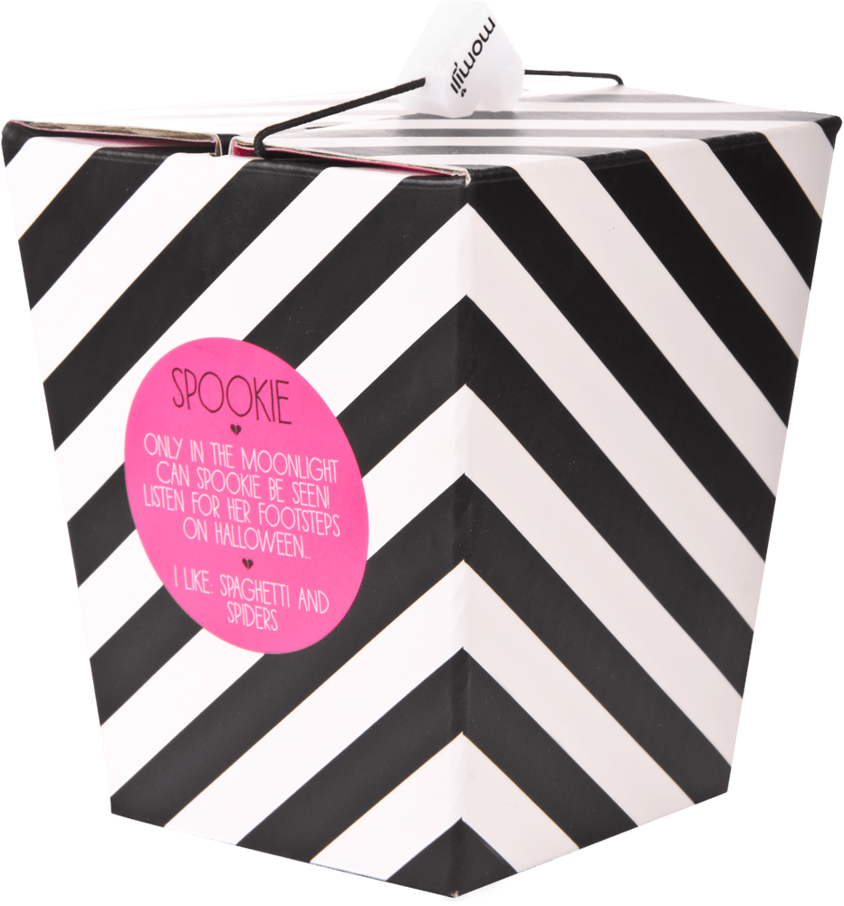 Spookie Momiji doll in a black and white striped takeout box with pink label, kawaii collectible with secret message inside. — Momiji Doll