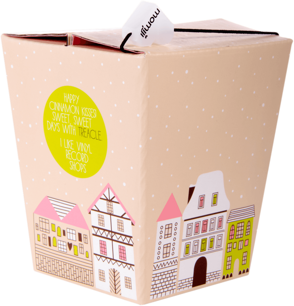 Treacle Momiji doll: pastel pink takeout box, house drawings, round label reads “I like vinyl record shops.”. — Momiji Doll