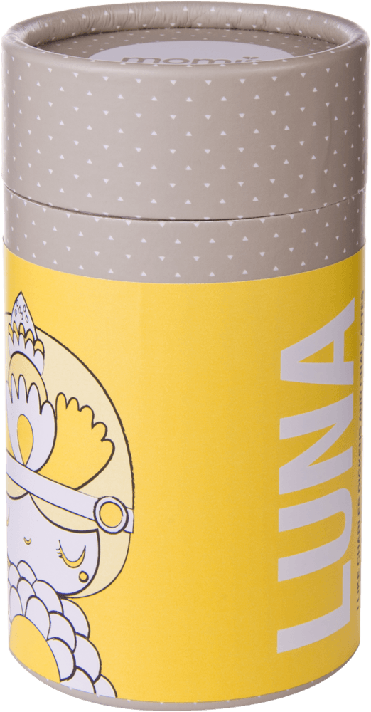 Momiji doll collectible container: yellow cylinder, Luna character illustration, beige lid with white dots, kawaii style. — Momiji Doll