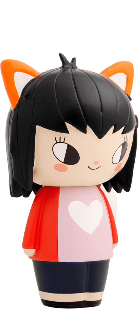 Vixen Momiji doll with black hair, orange cat ears, red heart shirt, and a big smile. Collectible with a hidden secret message. — Momiji Doll