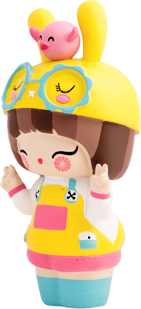 Darcie Dot Spring Edition 2013 Momiji doll with brown hair, yellow bunny hat, and pink cheeks. Kawaii collectible character. — Momiji Doll