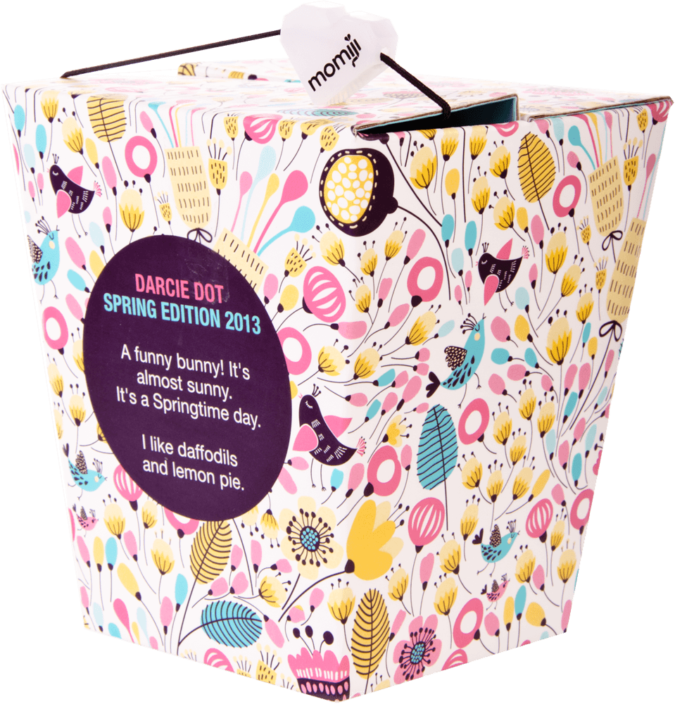 Darcie Dot Momiji doll: kawaii takeout box with floral and bird designs, Spring Edition 2013, collectible character. — Momiji Doll