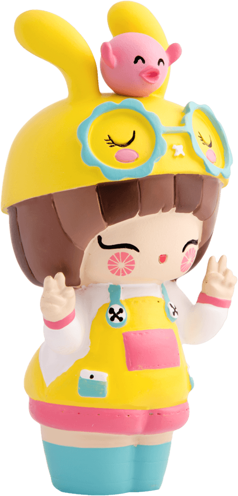 Darcie Dot Spring Edition 2013 Momiji doll in a yellow bunny hat, colorful clothes, and holding a pink bird. — Momiji Doll