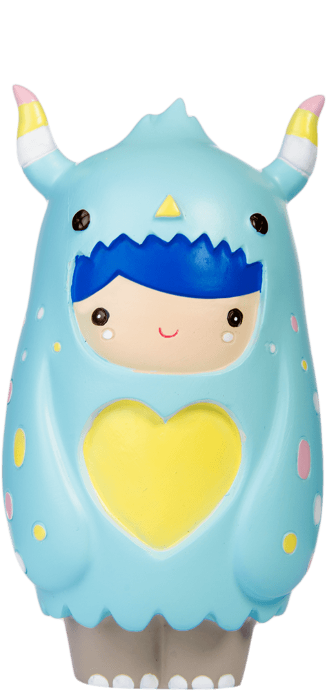 Huggle Love Bug Momiji doll in a blue monster suit with yellow horns and heart on chest; collectible with secret message. — Momiji Doll