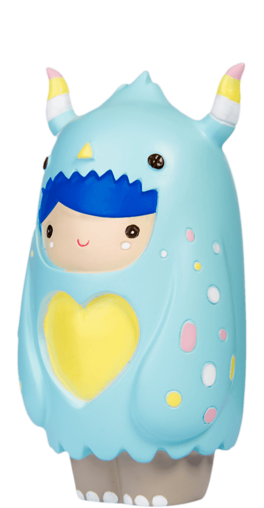 Huggle Love Bug Momiji doll in blue monster suit with yellow horns, colorful spots, and a hidden message compartment. — Momiji Doll