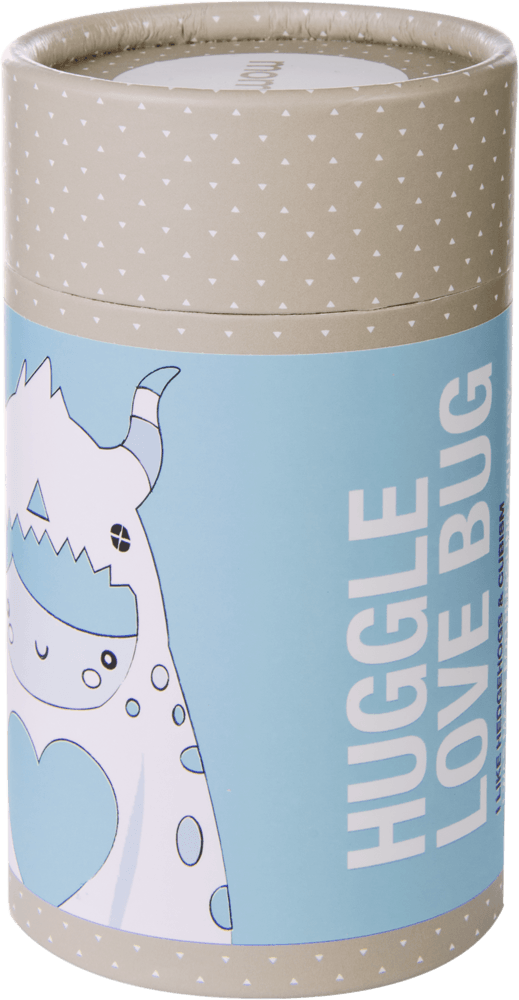 Cylindrical packaging with cartoon monster and "Huggle Love Bug," featuring a blue and beige Momiji doll character. — Momiji Doll
