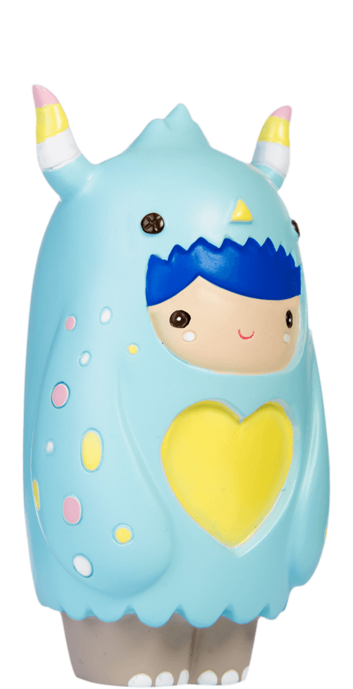 Huggle Love Bug Momiji doll: smiling child in a blue monster suit with yellow accents, heart detail, and kawaii style. — Momiji Doll