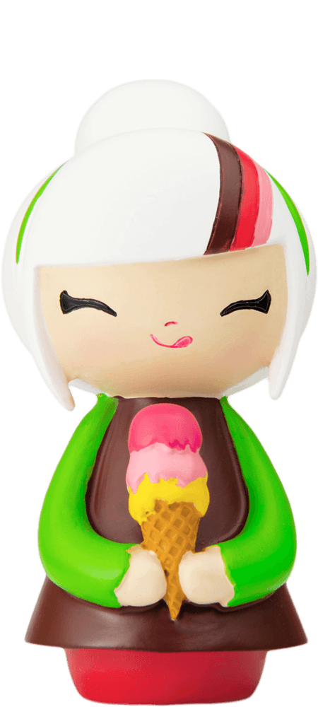 Best Friends Momiji doll with white hair in a bun, green and brown outfit, holding pink and yellow ice cream. — Momiji Doll