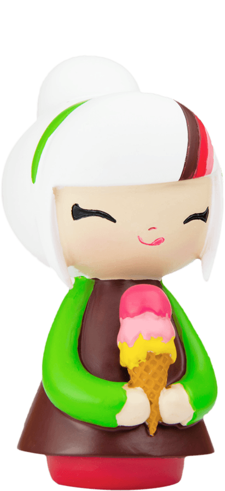 A smiling Momiji doll named Best Friends with white hair, green sleeves, and holding a pink and yellow ice cream cone. — Momiji Doll