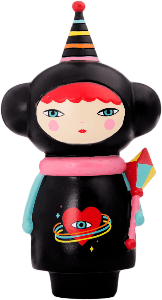 Kouki Momiji doll with red hair, black outfit, striped hat, and heart-eye details. Collectible character with hidden message inside. — Momiji Doll