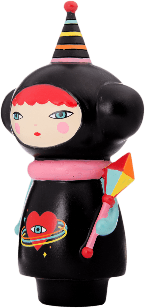 Kouki Momiji doll with bright red hair, black outfit, party hat, and colorful wand. A kawaii collectible with hidden message. — Momiji Doll