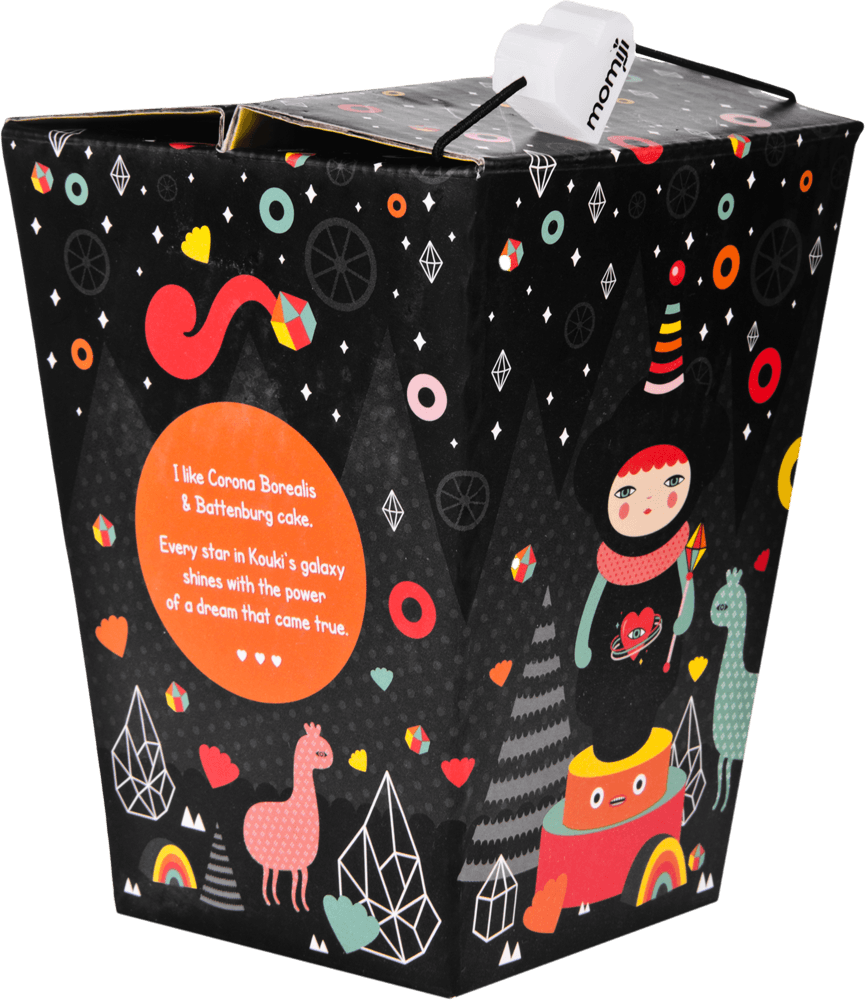 Kouki: Black takeout box with animal and girl art, orange circle text, and collectible vinyl Momiji doll character inside. — Momiji Doll
