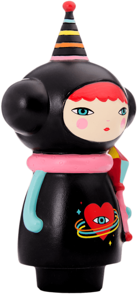 Kouki Momiji doll has bright red hair, a black outfit, heart-eye dress, and a party hat. Vinyl collectible with secret message. — Momiji Doll