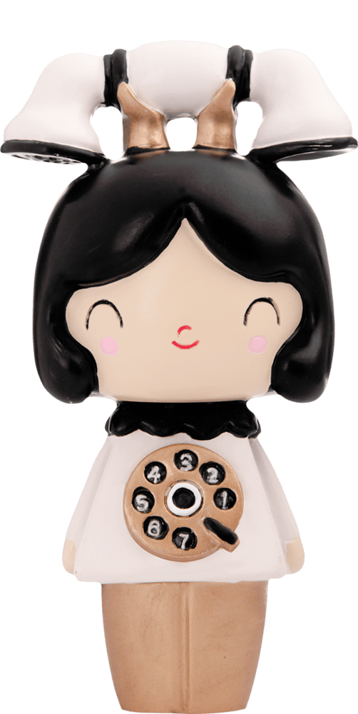 Chatty Momiji doll with a cute rotary phone dial dress and vintage phone hat, designed in a kawaii collectible style. — Momiji Doll