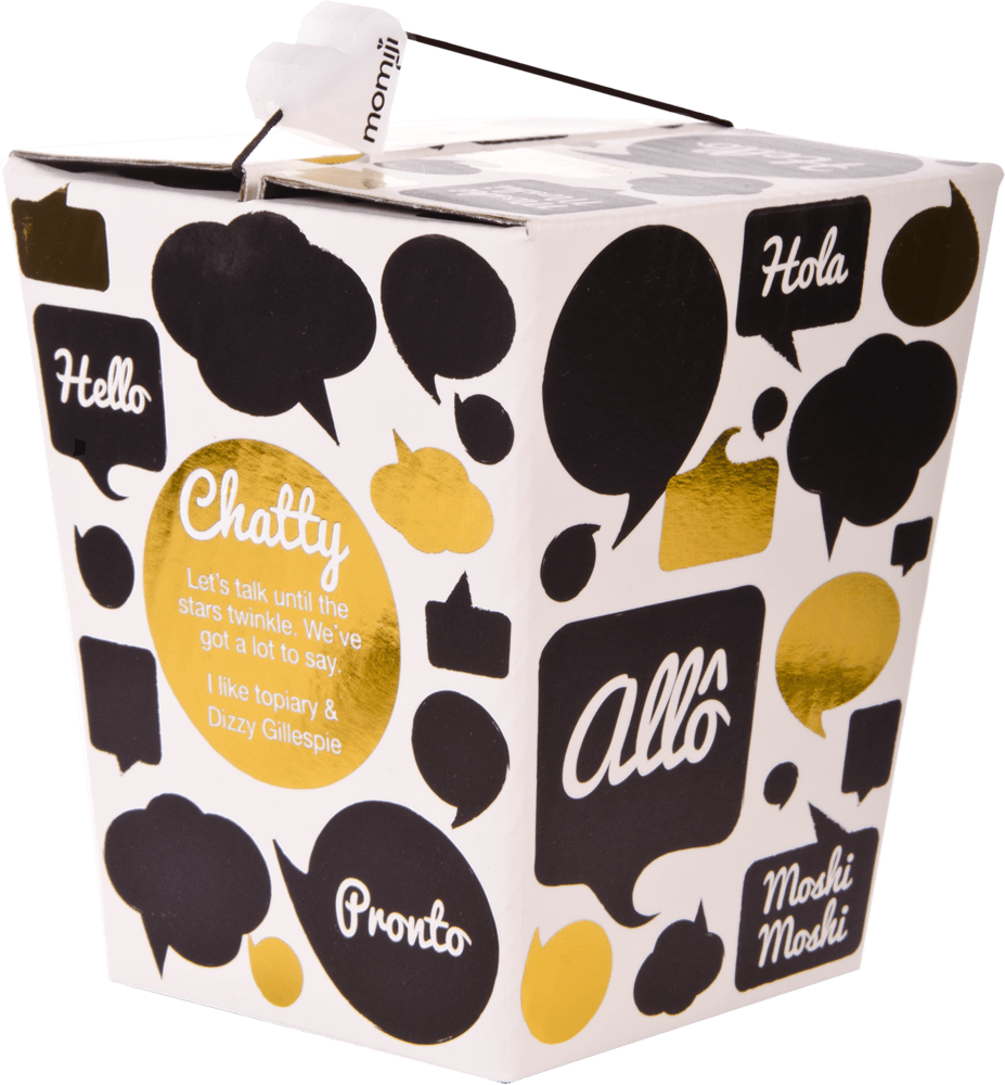 Chatty Momiji doll: white takeout box with black and gold kawaii speech bubbles; a must-have collectible character. — Momiji Doll