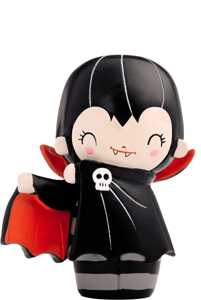 Tiny Teeth Momiji doll: vampire character with fangs, black cape, red lining, skull emblem. Kawaii collectible with secret message. — Momiji Doll