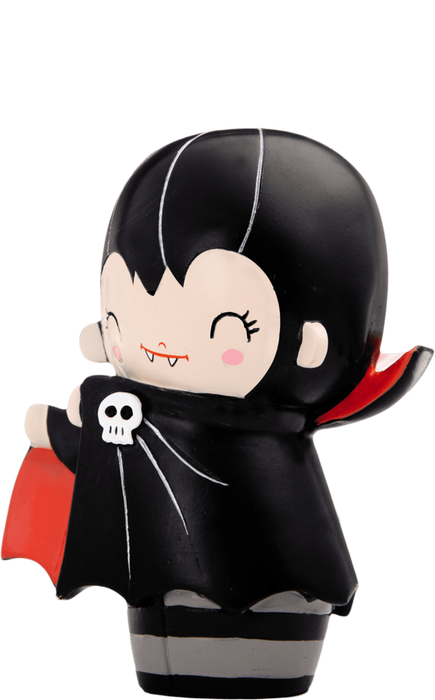 Tiny Teeth Momiji doll: cute vampire with fangs, black cape with red lining; collectible vinyl figure hiding a secret message. — Momiji Doll