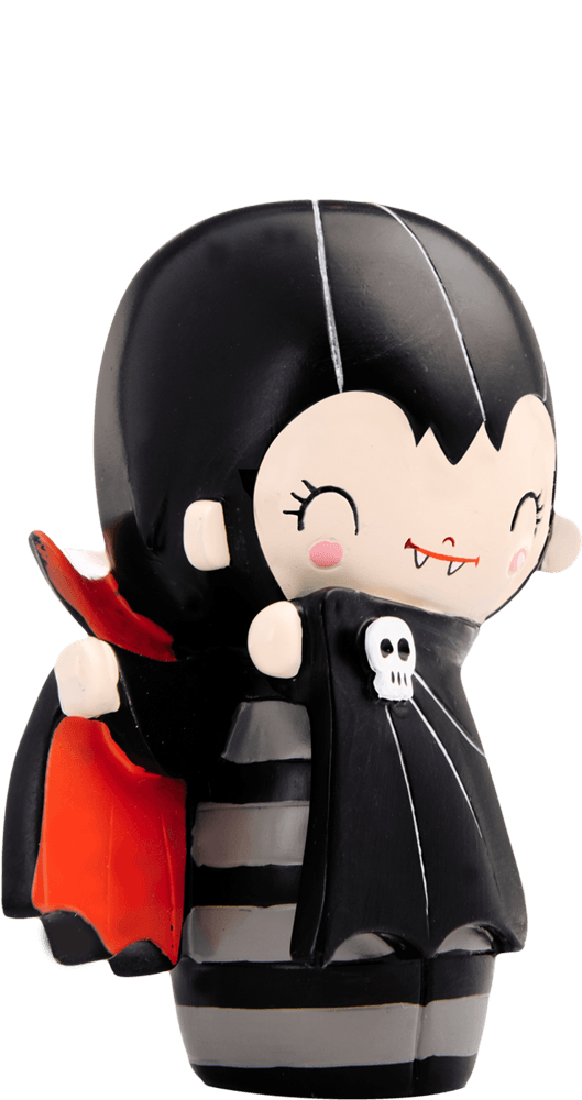 Tiny Teeth Momiji doll vampire with fangs, black cape with orange lining, and a cheerful skull accent. — Momiji Doll
