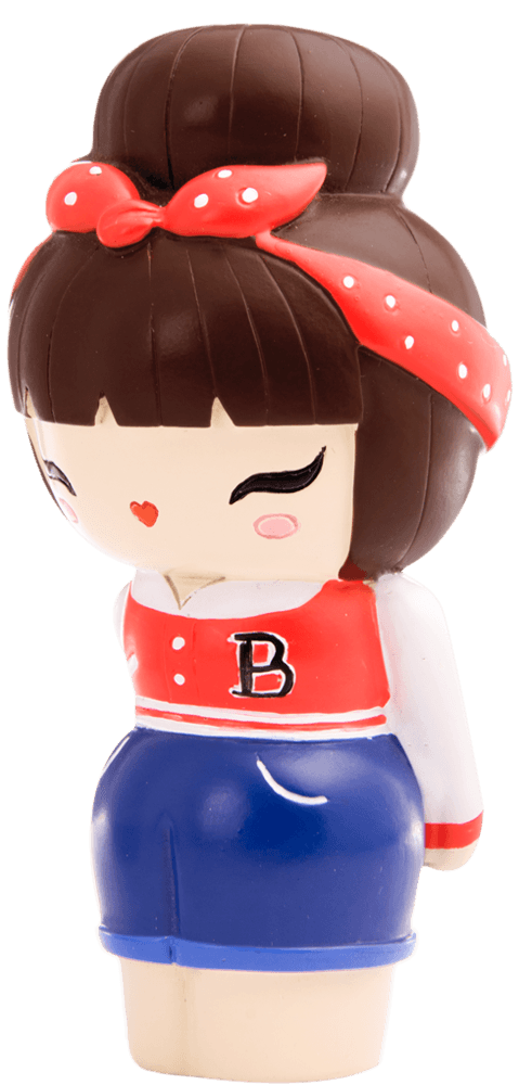 Momiji doll with brown hair in a bun, red headband, red jacket, blue skirt, and a playful winking expression. — Momiji Doll
