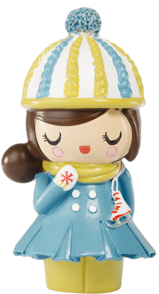 Winter Wonderland Momiji doll in blue coat, striped hat, yellow scarf, ice skates, and snowflake mitten; kawaii style. — Momiji Doll