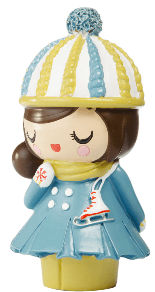 Momiji doll "Winter Wonderland" in blue coat, striped hat, yellow scarf, red mitten with snowflake. Cute collectible character. — Momiji Doll