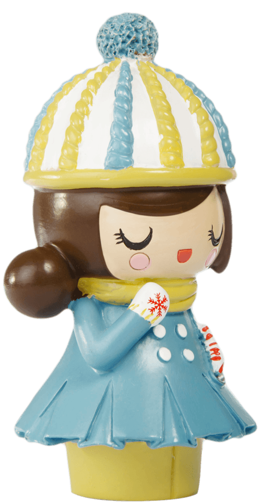 Winter Wonderland Momiji doll with a cute blue coat and striped hat, collectible and hiding a secret message inside. — Momiji Doll