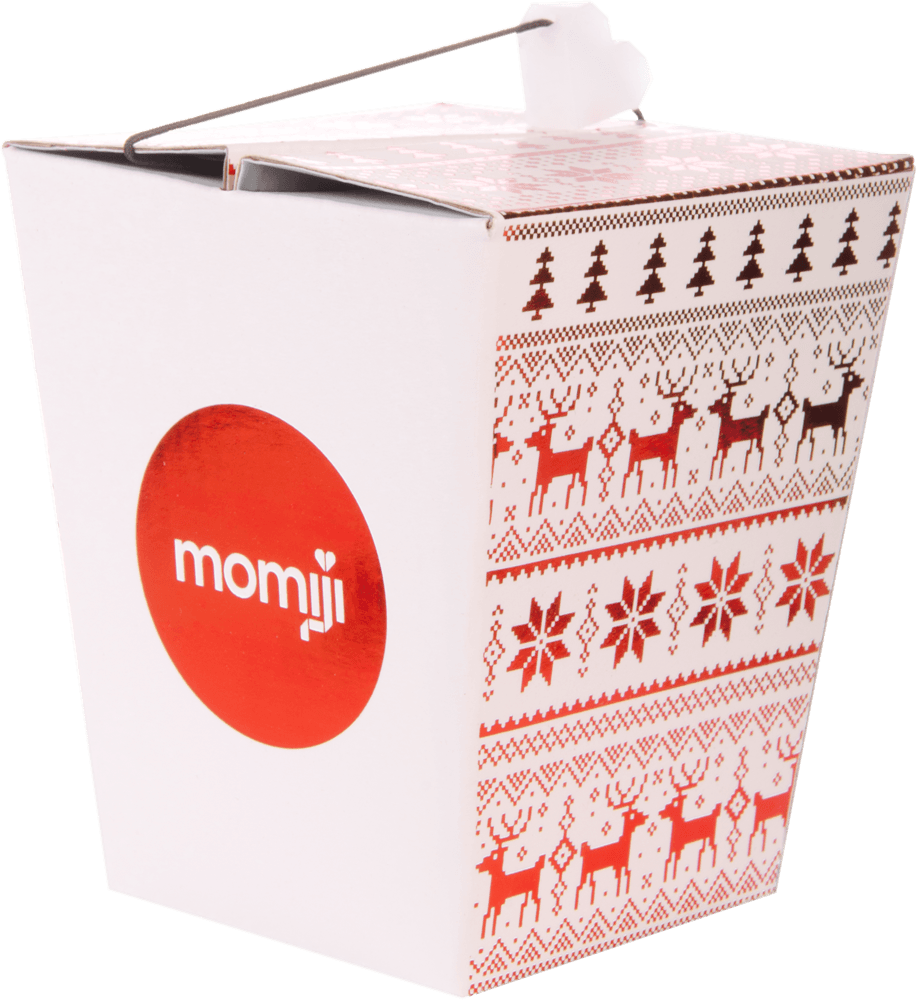 Natalia Momiji doll in a white takeout box with red Momiji logo, reindeer, snowflakes, and trees. Collectible and giftable. — Momiji Doll