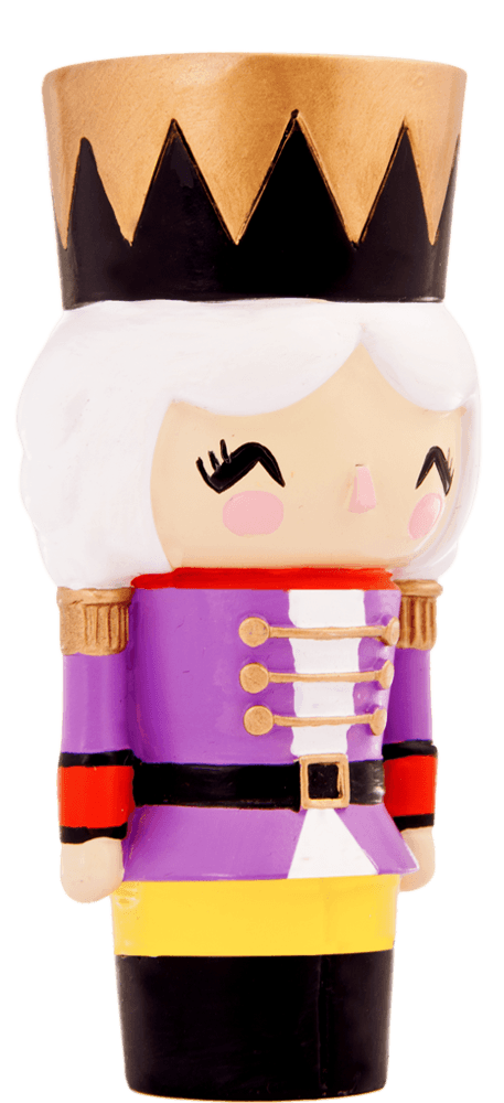 Natalia Momiji doll with white hair, gold crown, purple jacket, and red, black & yellow toy soldier details. — Momiji Doll